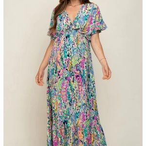 Blue Multi-Color Floral Ruffle Maternity Maxi Dress